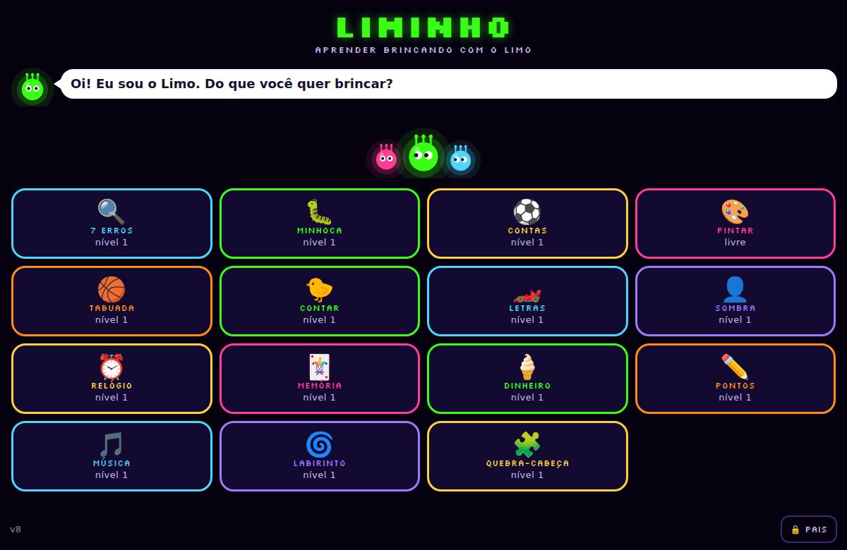 Menu do Liminho: o Limo num balão perguntando do que a criança quer brincar e os quinze jogos em blocos coloridos