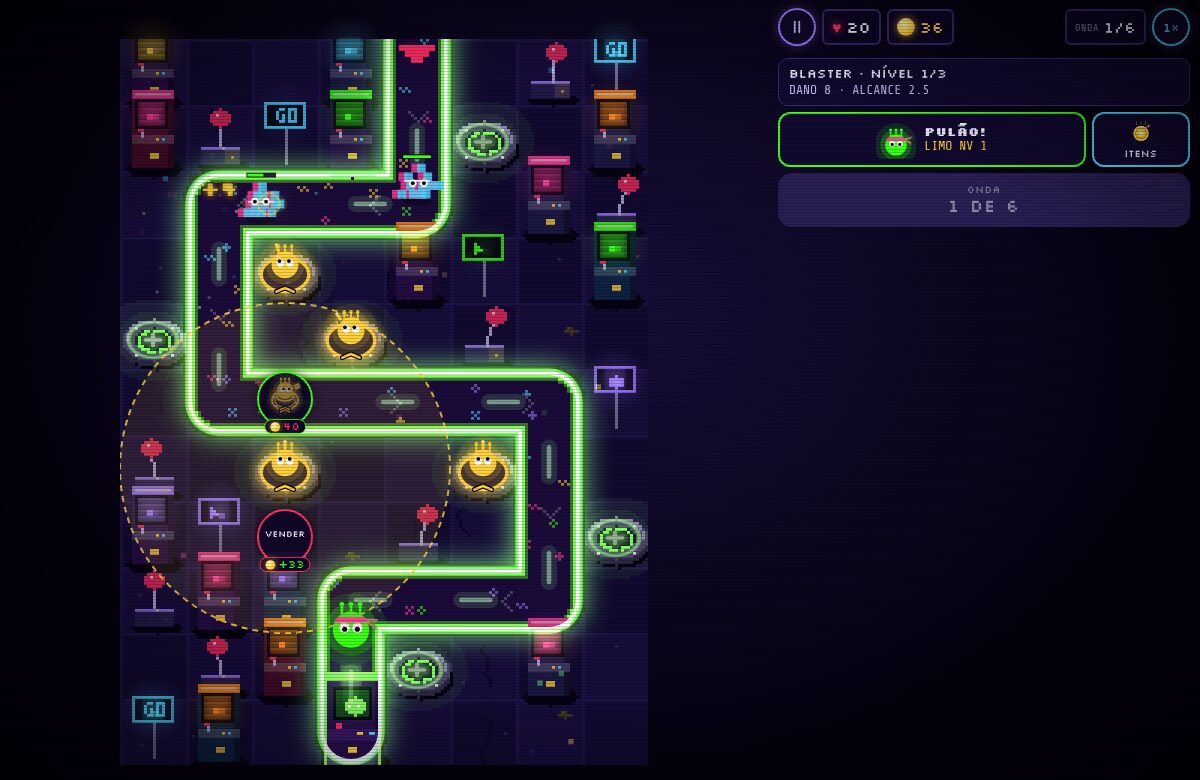 Fase do LimoDefense: o caminho de neon pelo fliperama com quatro torres Liminho construídas e os inimigos entrando