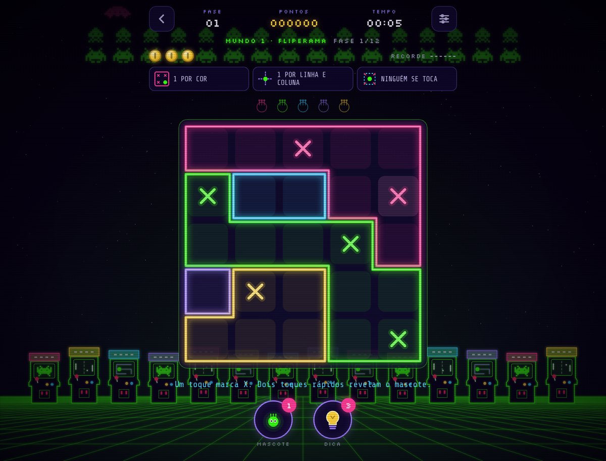 Fase do Limodoku: tabuleiro com salas de neon coloridas e marcações de X