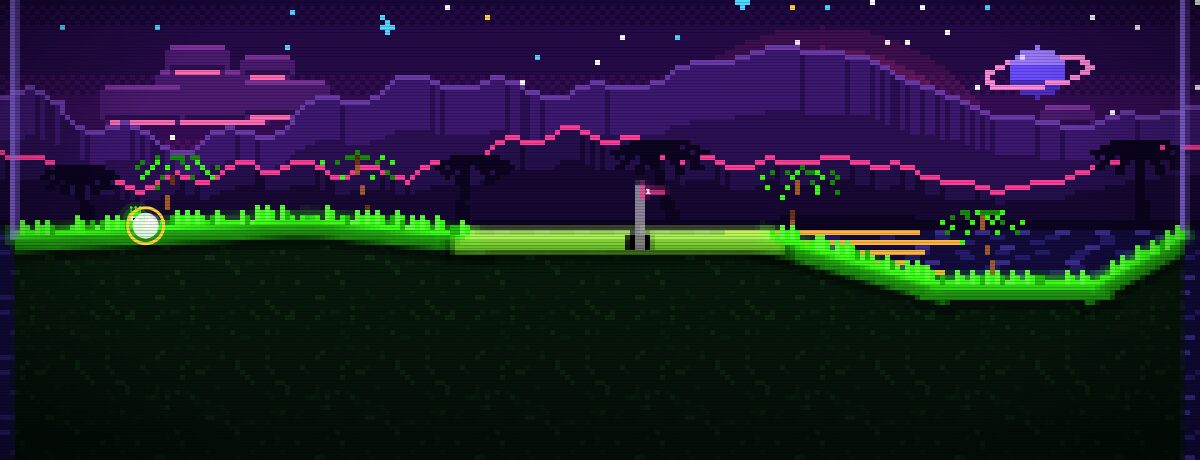 Buraco do LimoGolf: o campo inteiro em pixel art, com a bola na grama à esquerda e a bandeira no meio, céu de neon com um planeta e coqueiros ao fundo